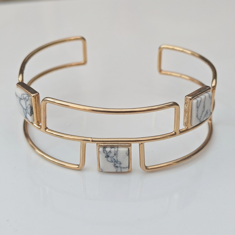 Gold Geometric Cage Cuff Bracelet White Marbled Square Inlay Statement Jewelry